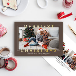 Merriest Modern Gold Text Brown Foto Folie Feestdagenkaart
