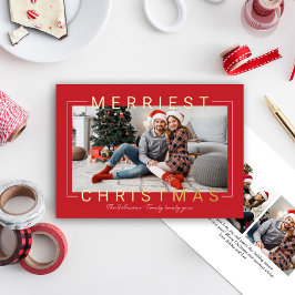 Merriest Modern Gold Text Red Foto Folie Feestdagenkaart