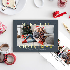 Merriest Modern Gold Text Slate Blue Photo Folie Feestdagenkaart