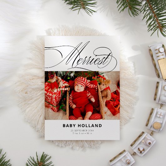 Merriest Modern Photo Christmas Geboorte Aankondig Feestdagenkaart