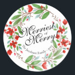 Merriest of Merry Waterverf Floral Christmas Ronde Sticker<br><div class="desc">Deze stickers zijn geweldig als cadeau labels of envelop afdichtingen. Ze hebben een prachtige rode en groene waterverf bloemenkrans met het bijschrift "Merriest of Merry" waardoor ze perfect zijn voor Kerstmis of voor elk niet-specifiek vakantiegebruik. Er is ruimte voor jouw naam en het jaar. Prachtige manier om toe te voegen...</div>