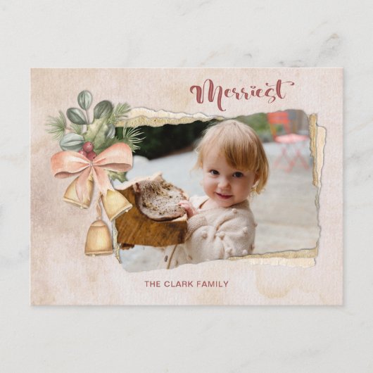 Merriest script & Flowers/Torn Antiek paper Foto Feestdagenkaart (Voorkant)