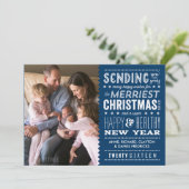 Merriest Type Kerstmis Fotokaart in Navy Blue Feestdagenkaart (Staand voorkant)
