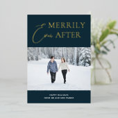 Merrily Ever After Blue Gold Script Foto Folie Feestdagenkaart (Staand Voorkant)