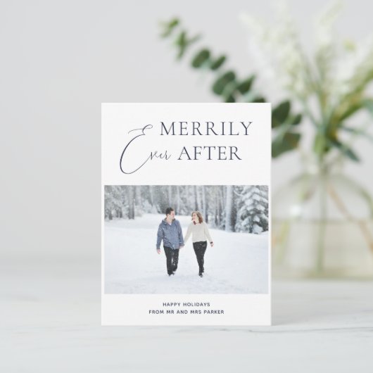 Merrily Ever After Blue Script Kerstfoto Feestdagenkaart (Staand voorkant)