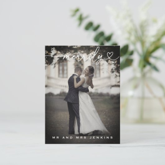 Merrily Ever After’ huwelijksfoto voor kerst Briefkaart (Staand voorkant)