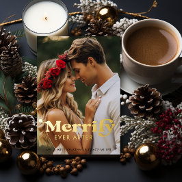 Merrily Ever After Moderne Retro Typografie Foto Folie Feestdagenkaart