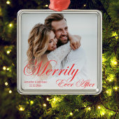 Merrily Ever After ,Newlyweds Photo Red Script Metalen Ornament