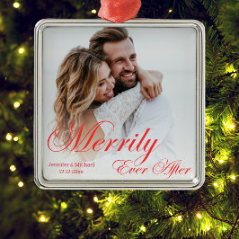 Merrily Ever After ,Newlyweds Photo Red Script Metalen Ornament