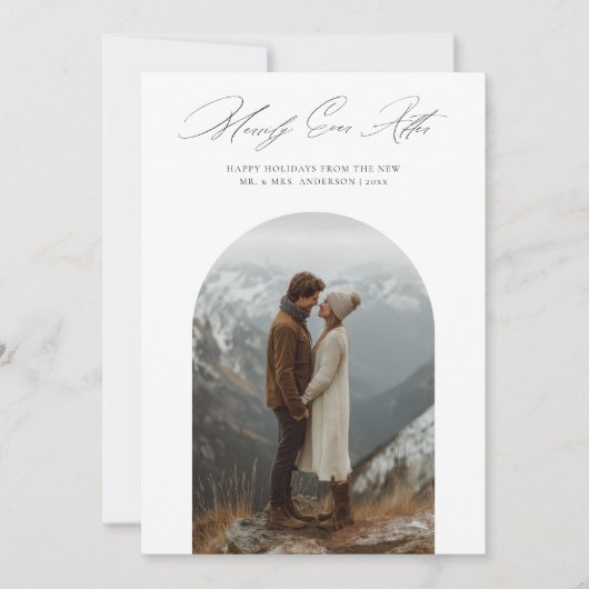 Merrily Ever After Pas getrouwd Arch Fotokerst Feestdagenkaart (Voorkant)