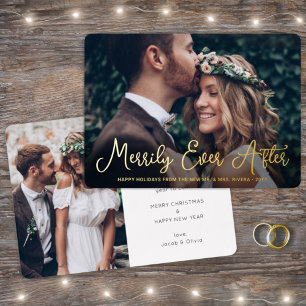 Merrily Ever After Pasgetrouwd Foto Eerste Kerstmi Folie Feestdagenkaart