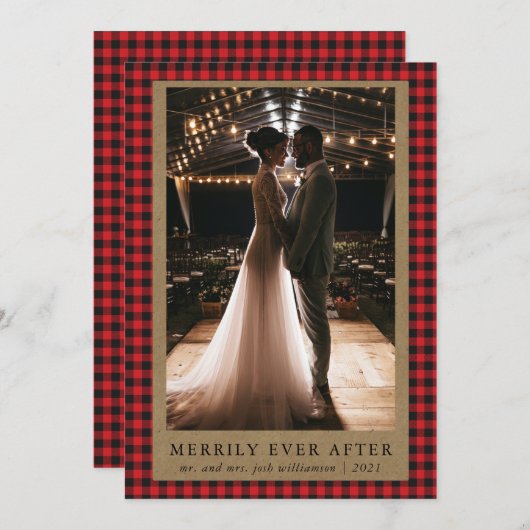 Merrily Ever After Rustic Red  Buffalo Geruit Foto Feestdagenkaart (Voorkant / Achterkant)