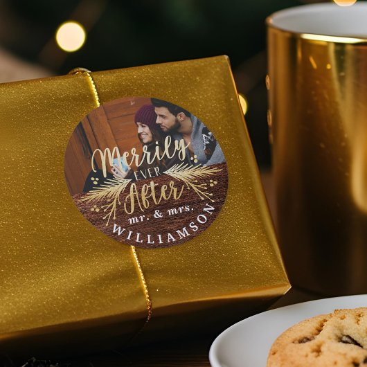 Merrily Ever Na Rustieke Mr. & Mrs Eerste Kerstmis Ronde Sticker