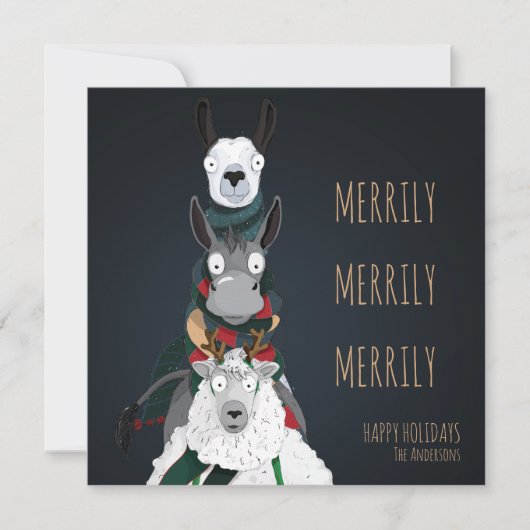 "Merrily Merrily" Schaap Ezel Llama Grappig Feestdagenkaart (Voorkant)