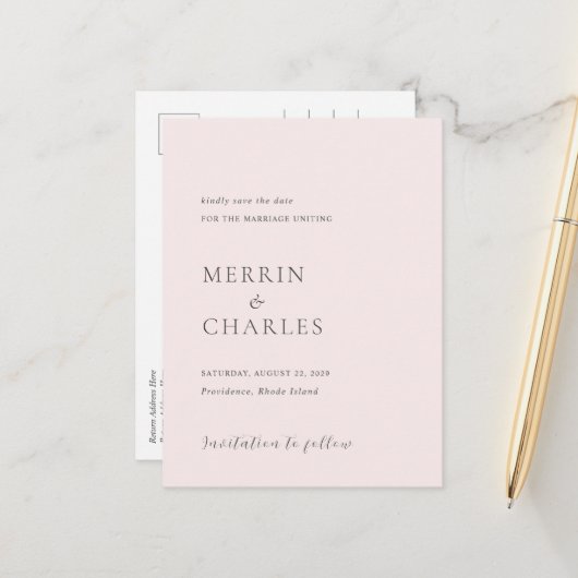 Merrin Blush Elegant Wedding Save the Date Aankondigingskaart (Voorkant / Achterkant in situ)