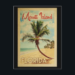 Merritt Island Palm Tree Vintage Travel Briefkaart<br><div class="desc">Een unieke retro middeleeuwse moderne Merritt Island Florida kunst print in de klassieke stijl van het poster. Het bevat een gebogen palmboom op zandige stranden met oceaan onder een blauwe troebele hemel.</div>
