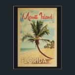Merritt Island Palm Tree Vintage Travel Briefkaart<br><div class="desc">Een unieke retro middeleeuwse moderne Merritt Island Florida kunst print in de klassieke stijl van het poster. Het bevat een gebogen palmboom op zandige stranden met oceaan onder een blauwe troebele hemel.</div>