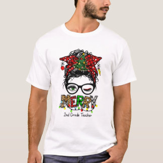 Merry 2nd Grade Teacher Messy Bun Merry Kerstmis T-shirt