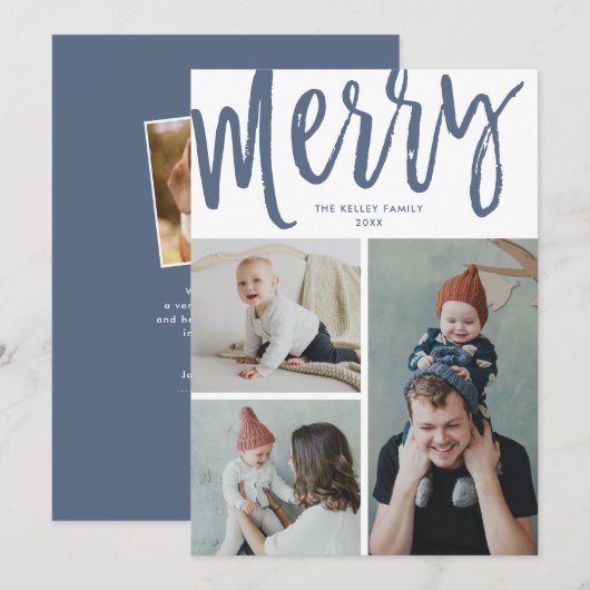 Merry, 3 Foto, Tekst/Foto op Terug, Blauw Feestdagenkaart (Voorkant / Achterkant)