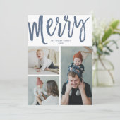 Merry, 3 Foto, Tekst/Foto op Terug, Blauw Feestdagenkaart (Staand voorkant)