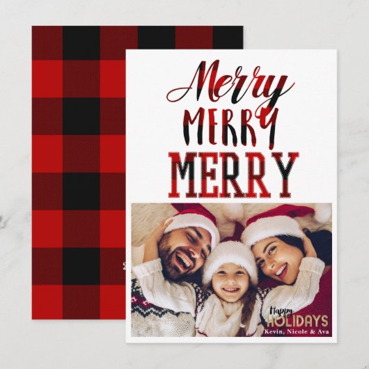 MERRY 3 Red Pset Typography Holiday Photo Card Kaart (Voorkant / Achterkant)