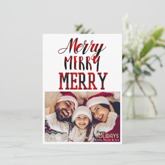 MERRY 3 Red Pset Typography Holiday Photo Card Kaart (Staand voorkant)