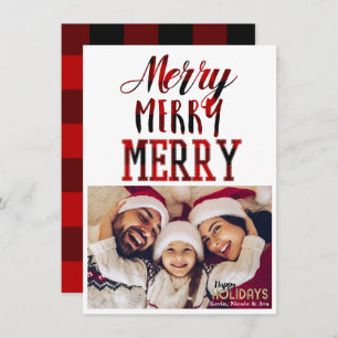 MERRY 3 Red Pset Typography Holiday Photo Card Kaart