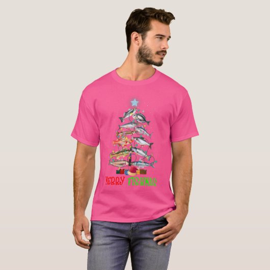 Merry A Fishmas Funny Christmas Tree Lights Fish F T-shirt (Voorkant volledig)