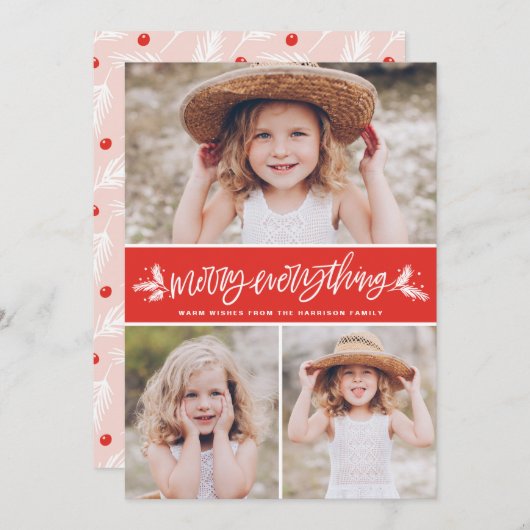 Merry All Pine Branches Red Photo Collage Feestdagenkaart (Voorkant / Achterkant)