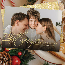 Merry Alles Goud Glitter Script Klassieke Foto Feestdagenkaart