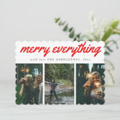 Merry Alles Red Script Drie Photo Holiday Feestdagenkaart (Staand voorkant)