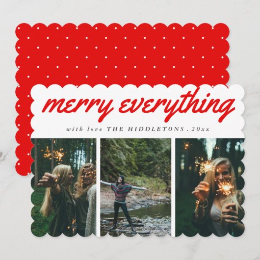 Merry Alles Red Script Drie Photo Holiday Feestdagenkaart (Voorkant / Achterkant)