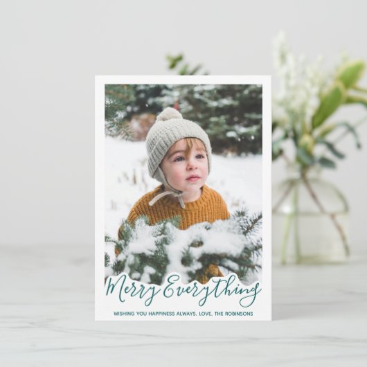 Merry Alles Trendy Green Family Foto Feestdagenkaart (Staand voorkant)