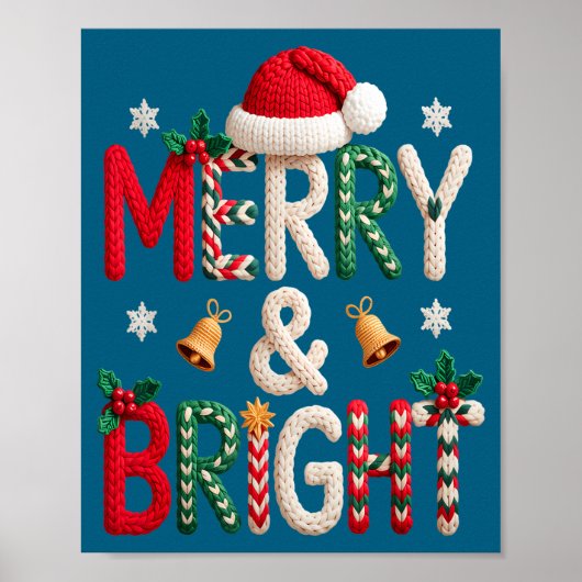 Merry &amp; Bright Christmas Santa Hat Crochet Kni Poster (Voorkant)