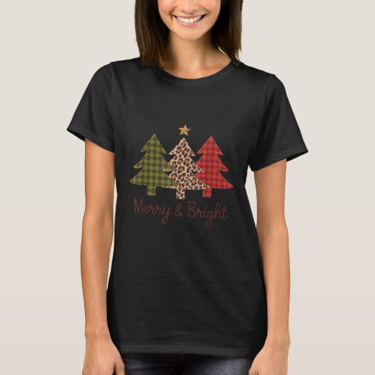 Merry &amp; Bright Plaid Leopard Christmas Tree Xm T-shirt (Voorkant)