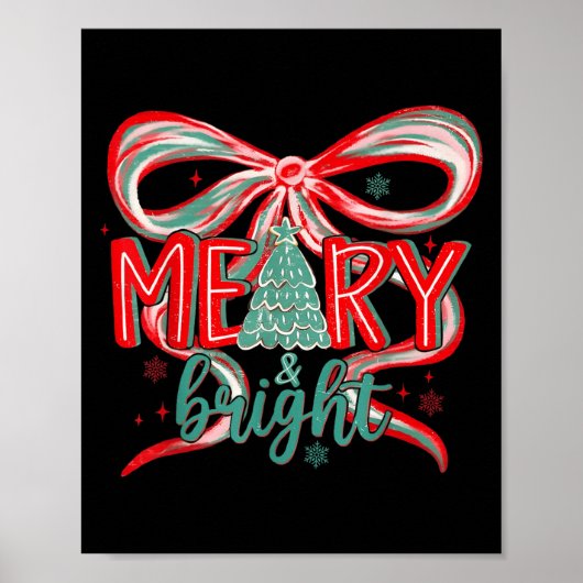 Merry & Bright Tree Coquette Bow Retro Holiday Poster (Voorkant)