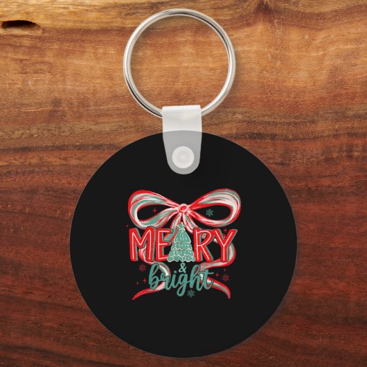 Merry &amp; Bright Tree Coquette Bow Retro Holiday Sleutelhanger (Voorkant)