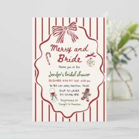 Merry and Bride Hand Drawn Christmas Bridal Shower Kaart (Staand voorkant)