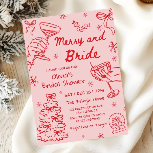 Merry and Bride Hand Drawn Christmas Bridal Shower Kaart