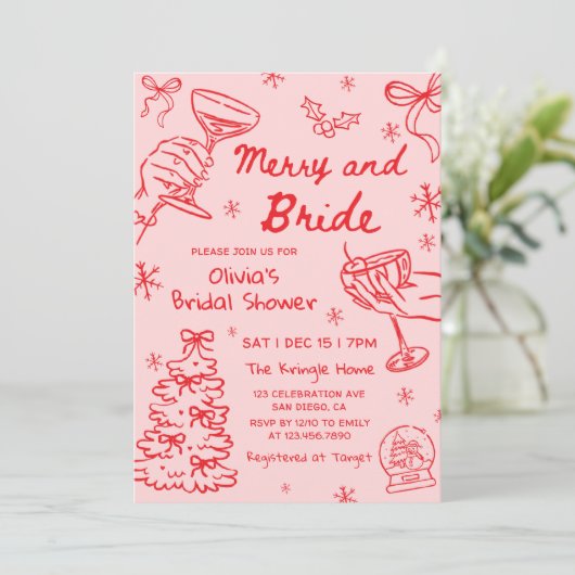 Merry and Bride Hand Drawn Christmas Bridal Shower Kaart (Staand voorkant)