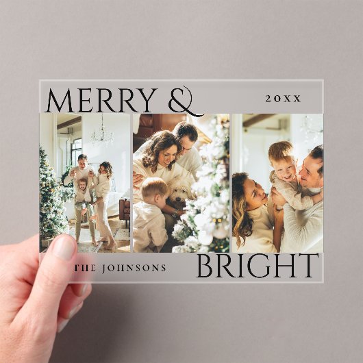 Merry and Bright 3 Photo Collage Holiday Card Acryl Uitnodigingen (Insitu (Draagbaar))