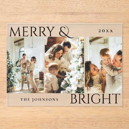 Merry and Bright 3 Photo Collage Holiday Card Acryl Uitnodigingen (Voorkant)