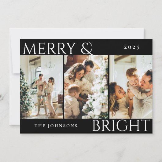 Merry and Bright 3 Photo Collage Holiday Kaart (Voorkant)
