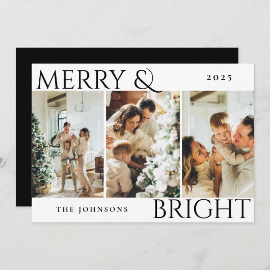 Merry and Bright 3 Photo Collage Holiday Kaart (Voorkant / Achterkant)