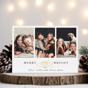 Merry and Bright 3 Photo Gold Foil Holiday Card Folie Uitnodiging