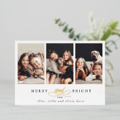 Merry and Bright 3 Photo Gold Foil Holiday Card Folie Uitnodiging (Staand Voorkant)