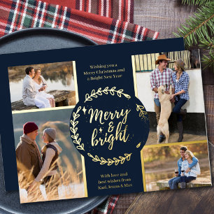 Merry and Bright 4 Foto Collage Blauw en Goud Folie Feestdagenkaart