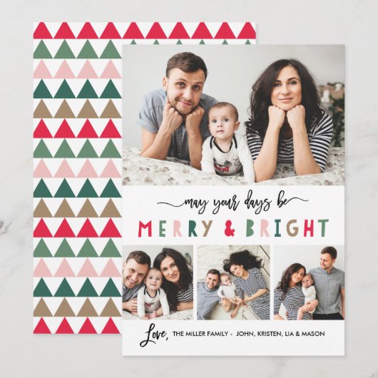 Merry and Bright 4 Foto Vakantie Kaart- Wit Feestdagenkaart (Voorkant / Achterkant)