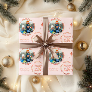 Merry and Bright Aangepaste Foto Roze en Roségoud Cadeaupapier
