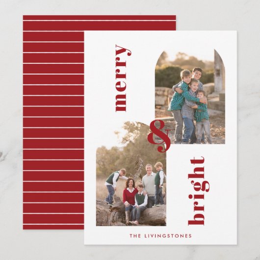 Merry and Bright Arches Red en White 2 Foto Feestdagenkaart (Voorkant / Achterkant)